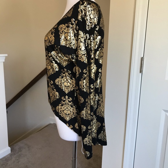 Black and gold damask print long sleeve top size S - Picture 3 of 5